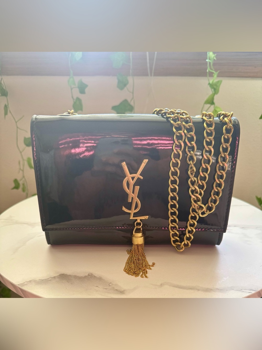 Elegant Black Patent Leather Monogram Chain Shoulder Bag